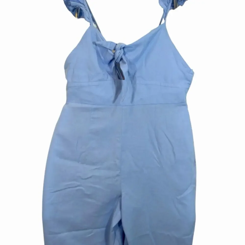 Zara Cottagecore Linen Blend Blue Cutout Wide Leg Romper Sz L Ruffle and Cut-Out